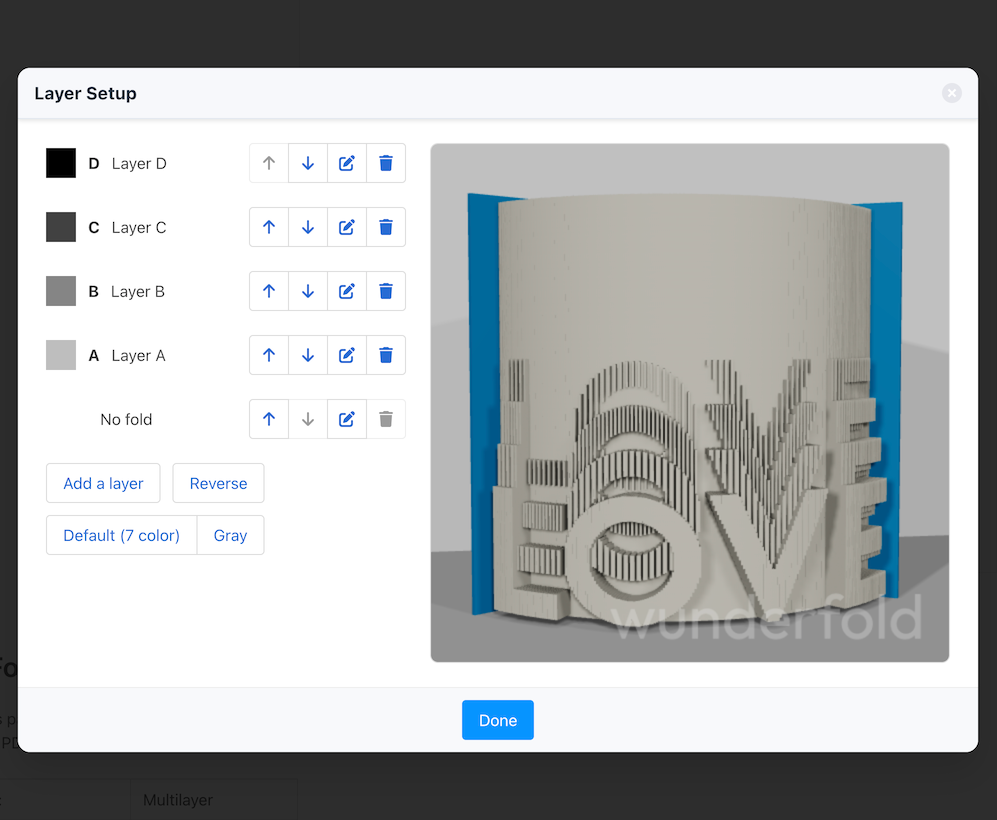 Wunderfold screenshot showing the 3D pattern preview within layer setup
